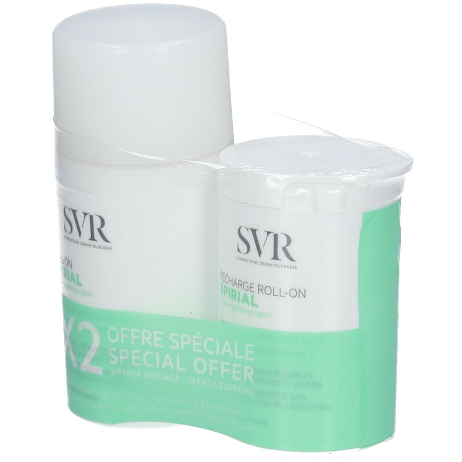 Deux déodorants roll-on blancs avec emballage vert. Inscription : SVR, Spirial, Offre Spéciale. Emballé.