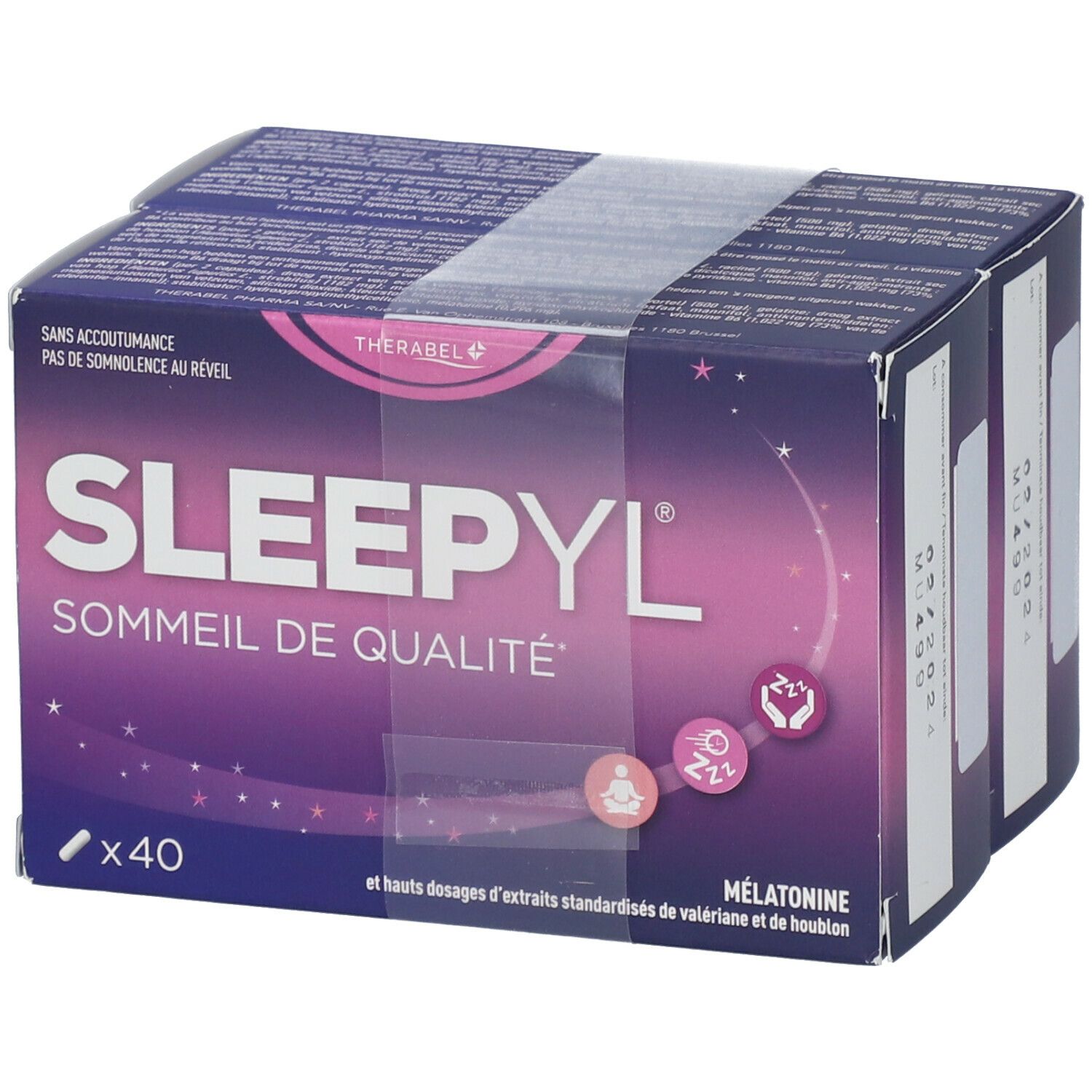Emballage de Sleepyl DUO. Boîte violette avec nom du produit et informations. Contient 40 comprimés.