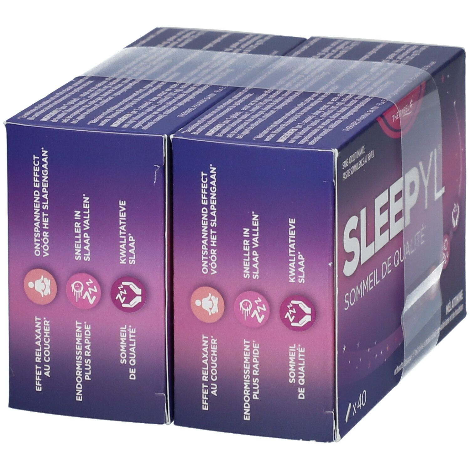 Deux boîtes de Sleepyl DUO, emballées sous film. Boîtes violettes avec nom et informations. Contient 40 comprimés.