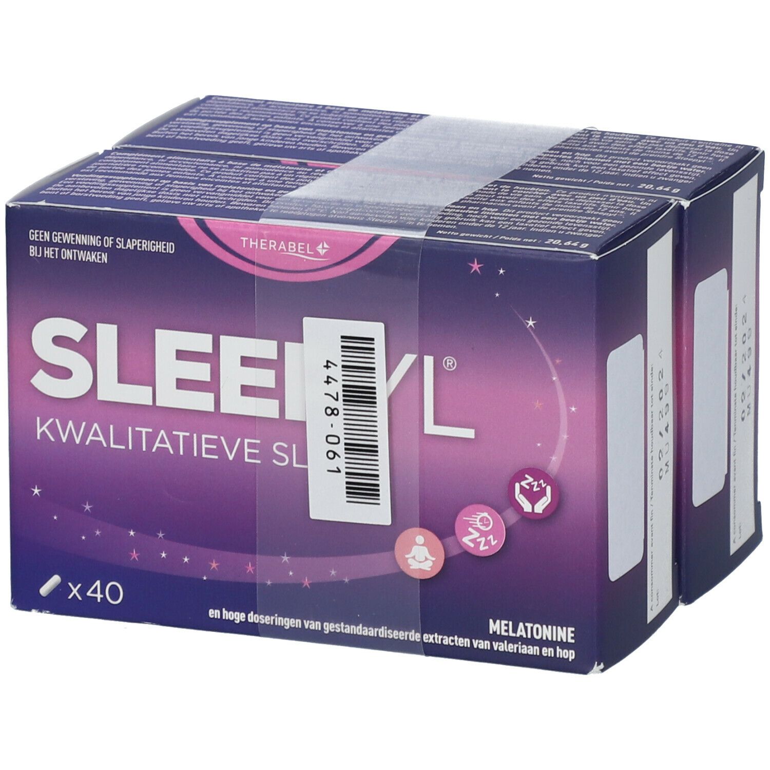 Emballage de Sleepyl DUO. Boîte violette avec nom et informations. Contient 40 comprimés. Avec autocollant.