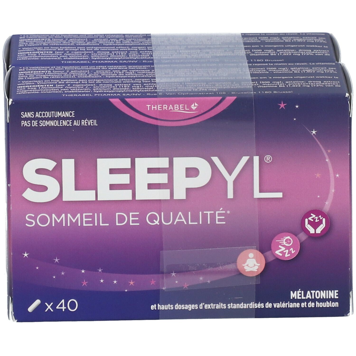 Emballage de Sleepyl DUO. Boîte violette avec nom et informations. Contient 40 comprimés.