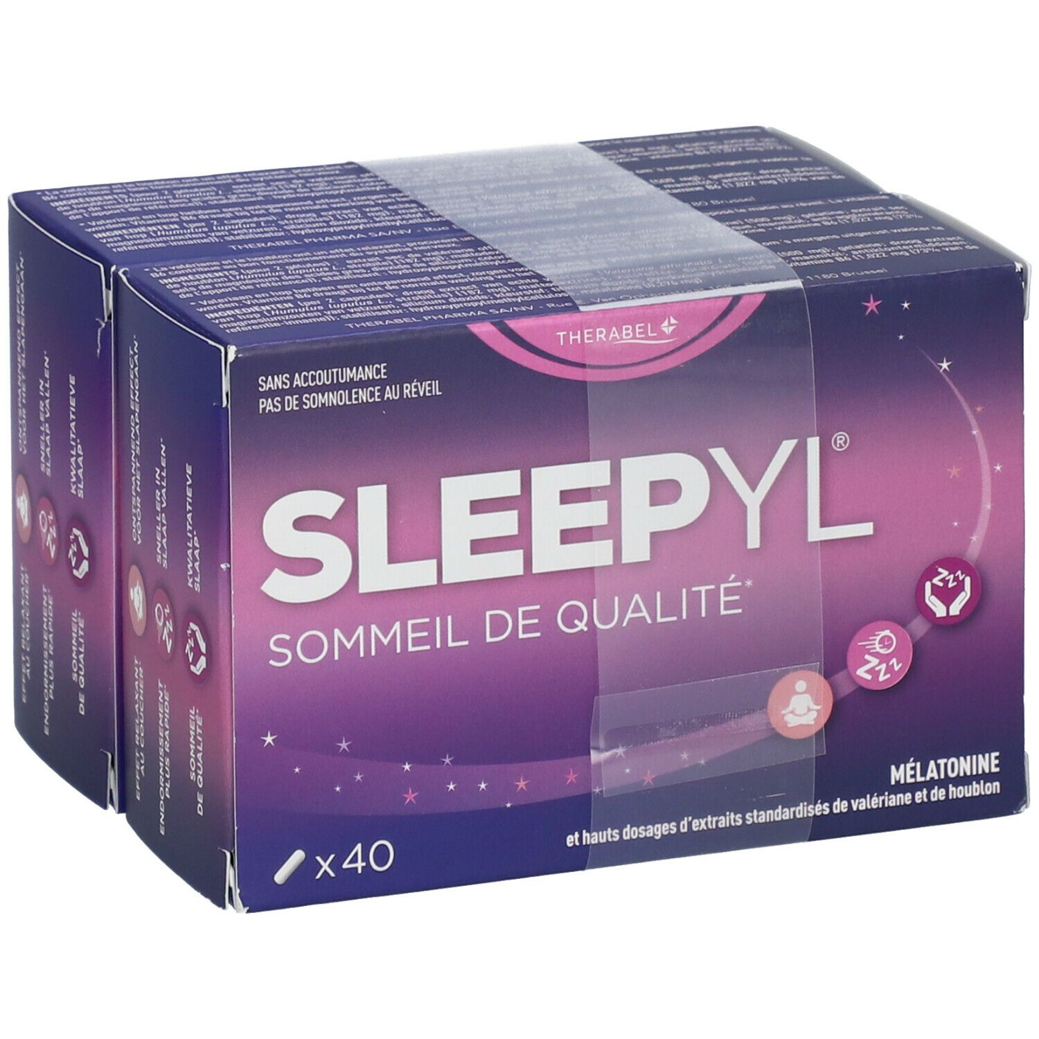 Emballage de Sleepyl DUO. Boîte violette avec nom et informations. Contient 40 comprimés.