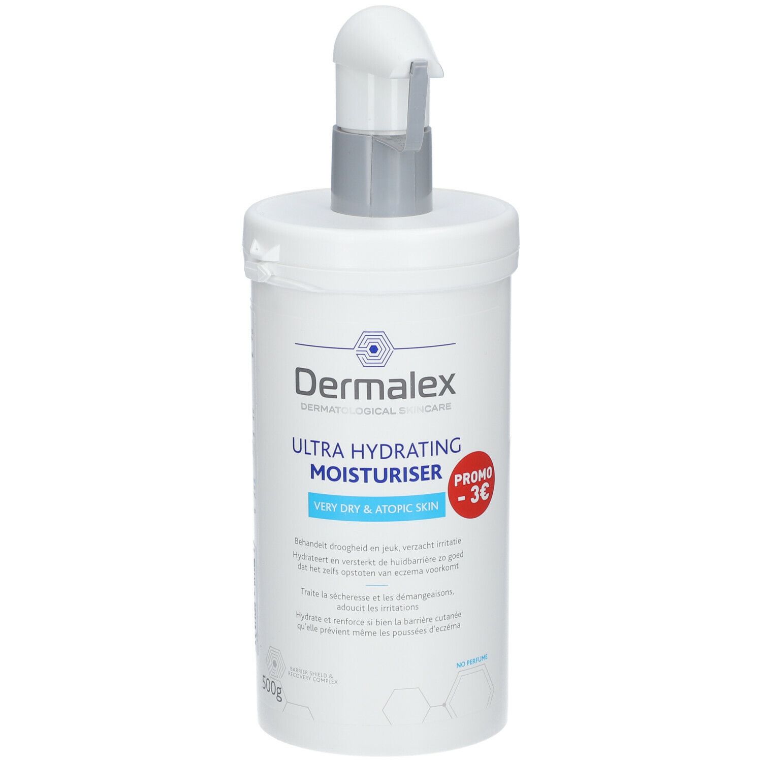 Flacon blanc avec pompe. Inscription: Dermalex, Ultra Hydrating Moisturiser, Promo -3€. Texte multilingue.