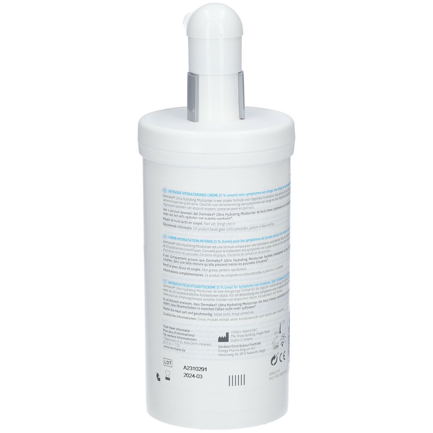 Dos d'un flacon blanc avec pompe. Texte multilingue. Inscription: Dermalex.