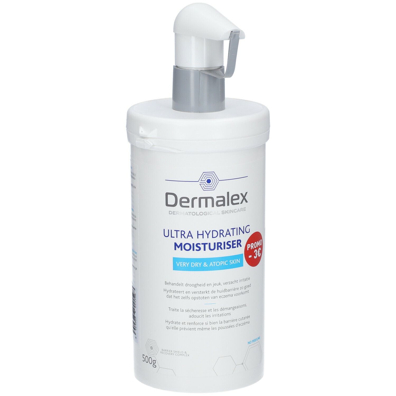 Flacon blanc avec pompe. Inscription: Dermalex, Ultra Hydrating Moisturiser, Promo -3€. Texte multilingue.