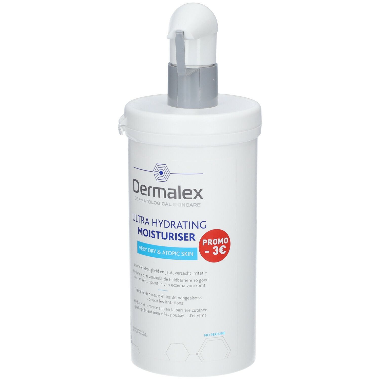 Flacon blanc avec pompe. Inscription: Dermalex, Ultra Hydrating Moisturiser, Promo -3€. Texte multilingue.