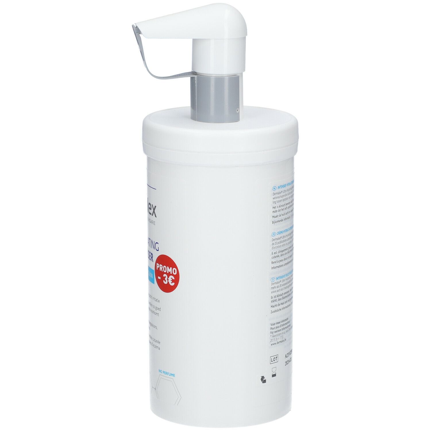 Flacon blanc avec pompe. Inscription: Dermalex, Ultra Hydrating Moisturiser, Promo -3€. Texte multilingue.