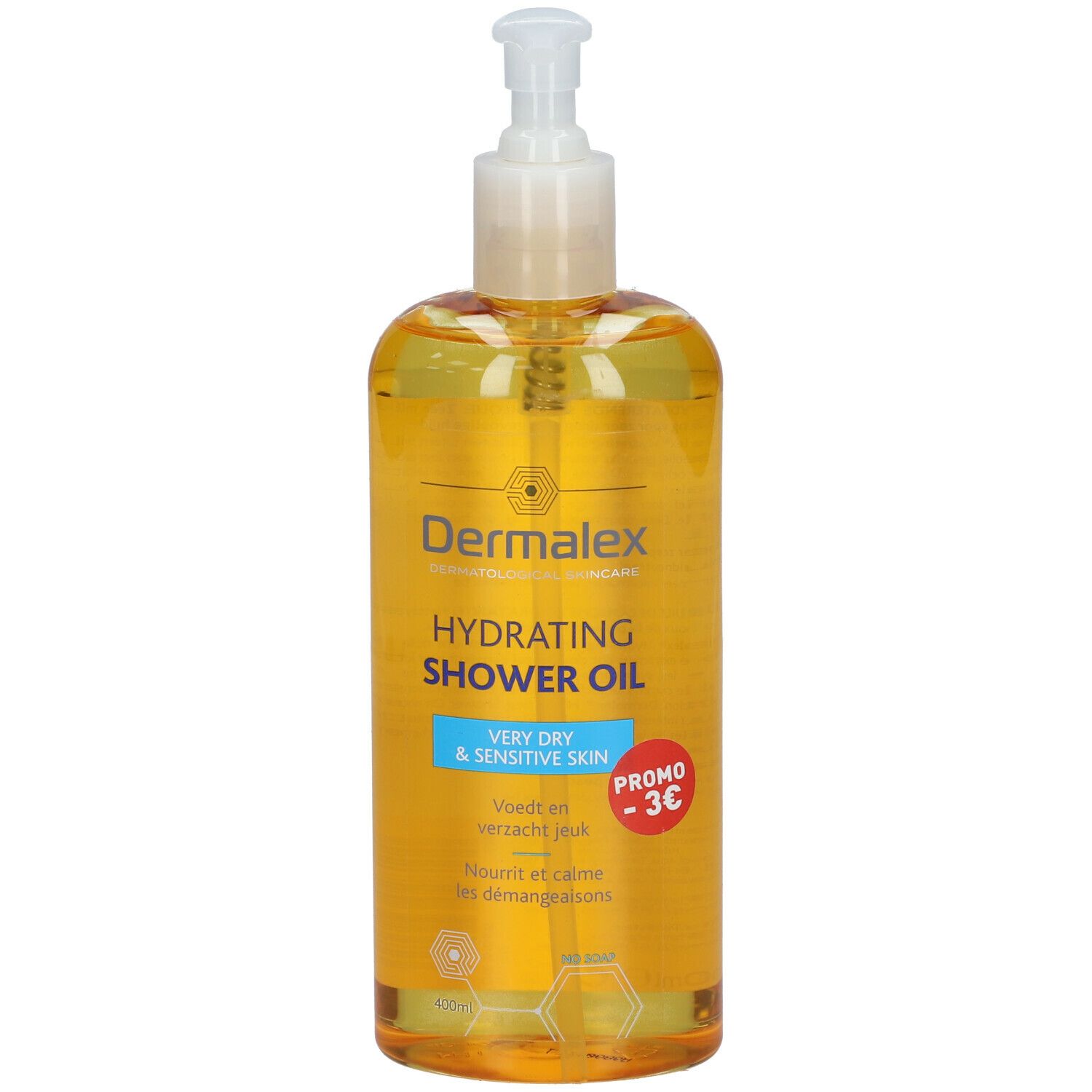 Dermalex Hydrating Shower Oil. Gele vloeistof in fles met pomp. Opschrift: Zeer droge en gevoelige huid.
