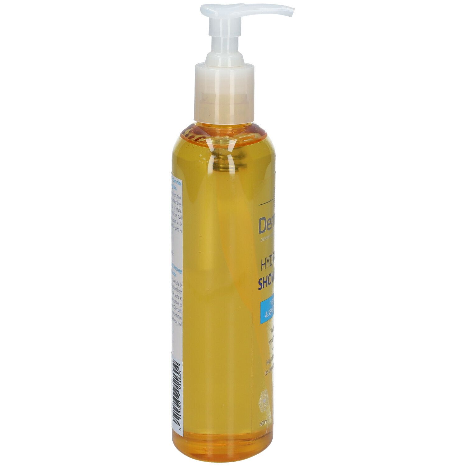 Dermalex Hydrating Shower Oil. Fles met pomp, zijaanzicht. Gele vloeistof. Opschrift: Zeer droge en gevoelige huid.