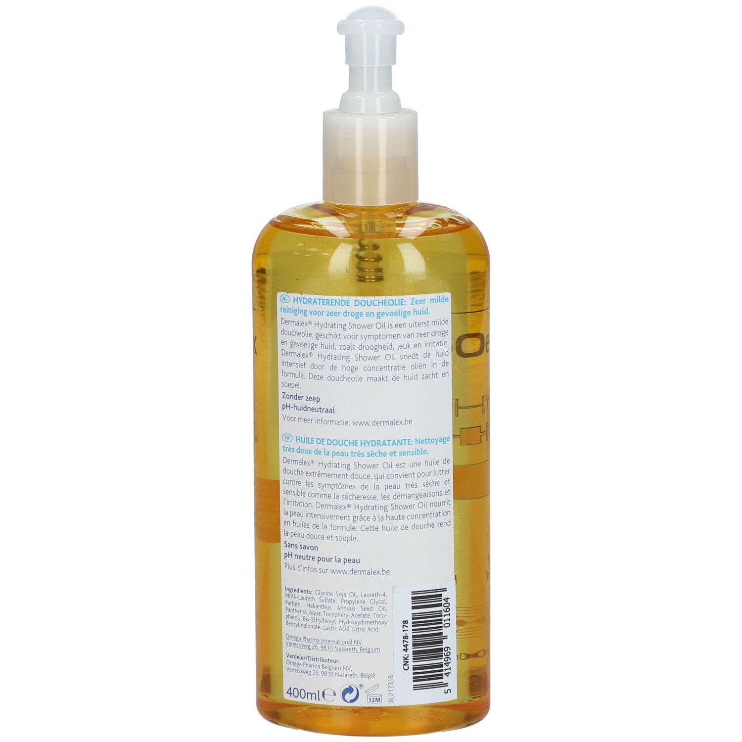 Dermalex Hydrating Shower Oil. Achterkant van de fles met tekst. Gele vloeistof. Opschrift: 400ml.