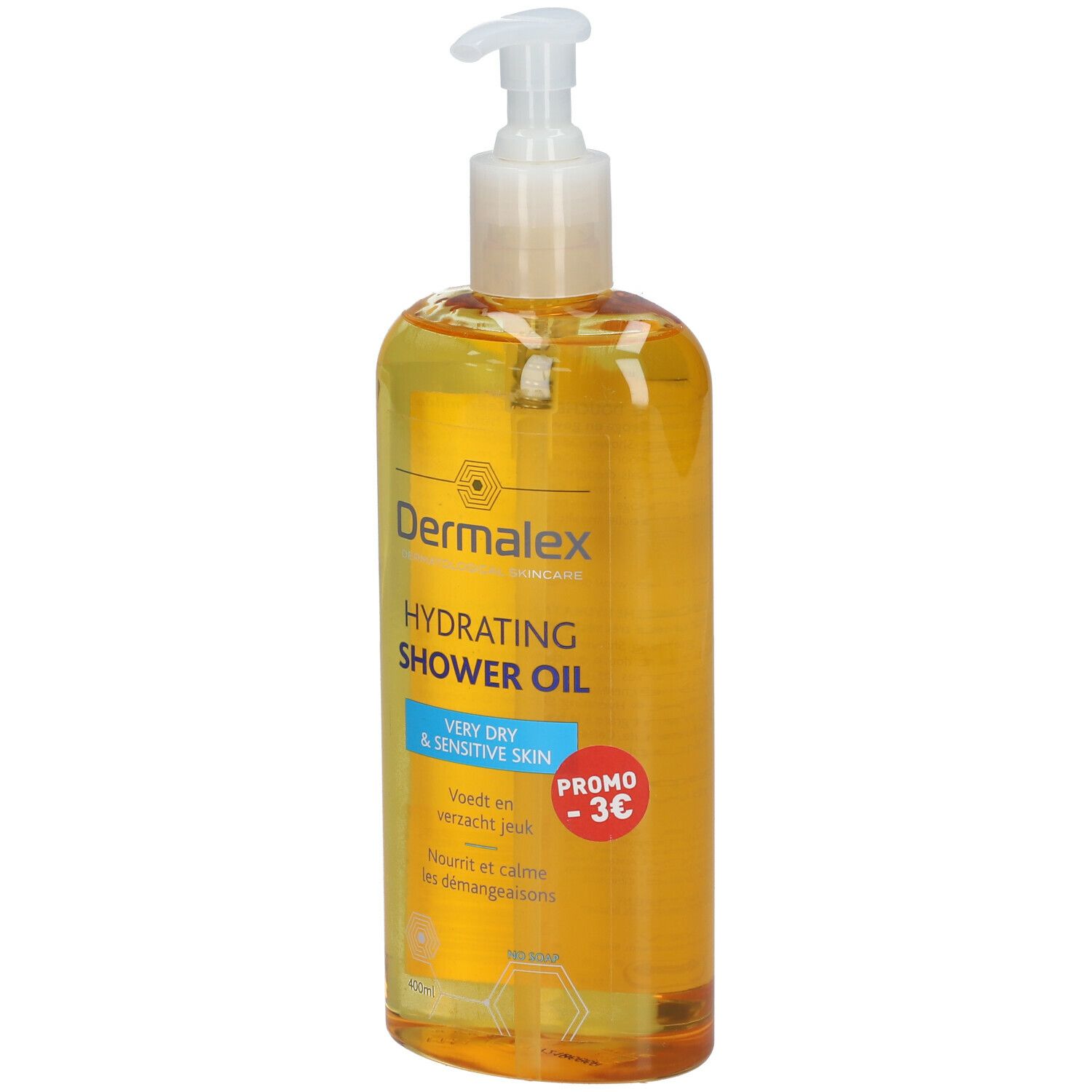 Dermalex Hydrating Shower Oil. Gele vloeistof in fles met pomp. Opschrift: Zeer droge en gevoelige huid. Promo -3€.
