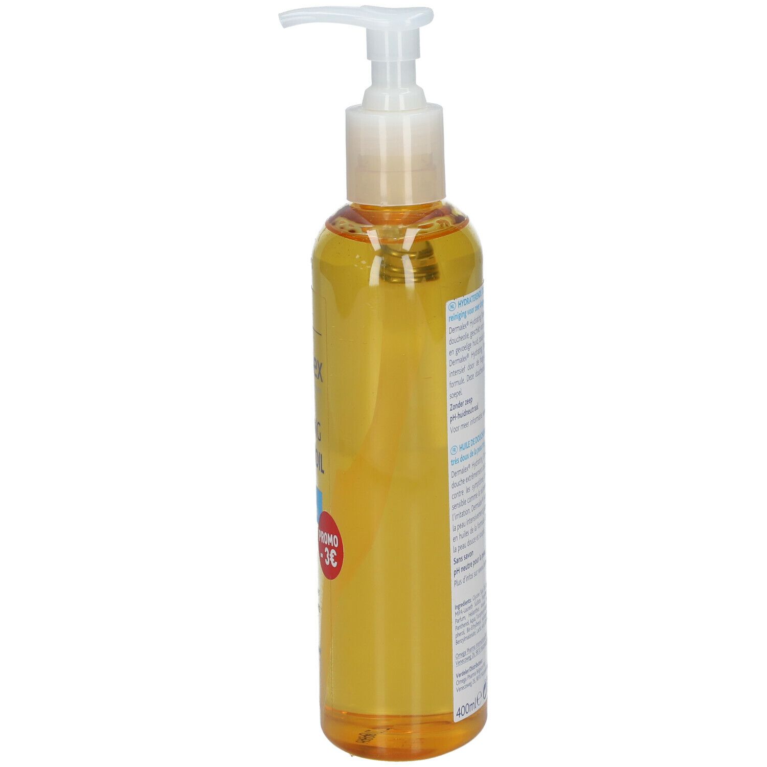Dermalex Hydrating Shower Oil. Fles met pomp, zijaanzicht. Gele vloeistof. Opschrift: Zeer droge en gevoelige huid. Promo -3€.