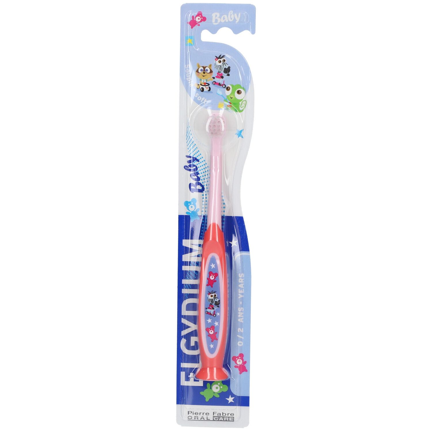 Brosse à dents bébé rose, emballage bleu, logo ELGYDIUM, 0-2 ans.