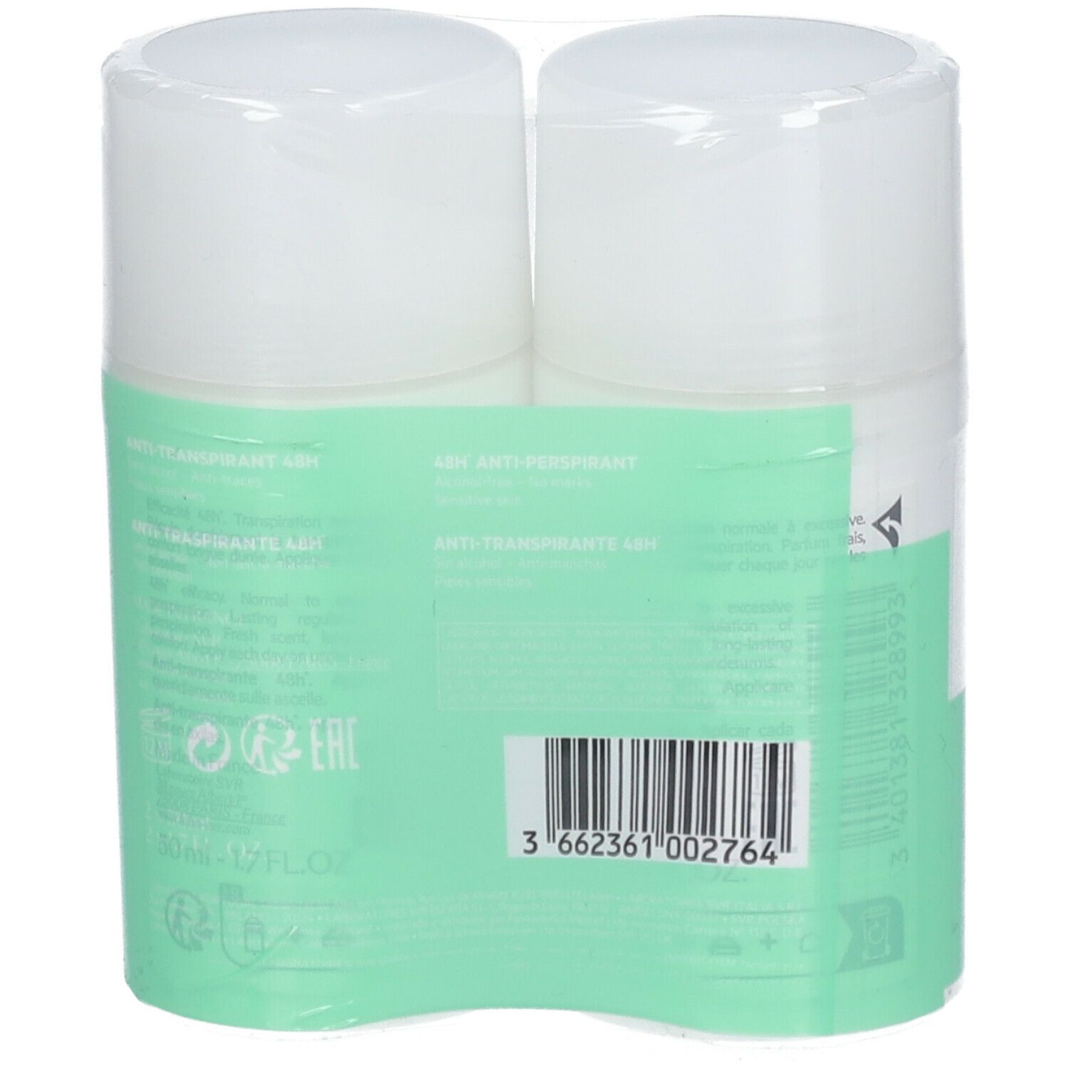 Dos d'un pack de deux déodorants roll-on. Inscription: Anti-Transpirant 48H, code-barres.