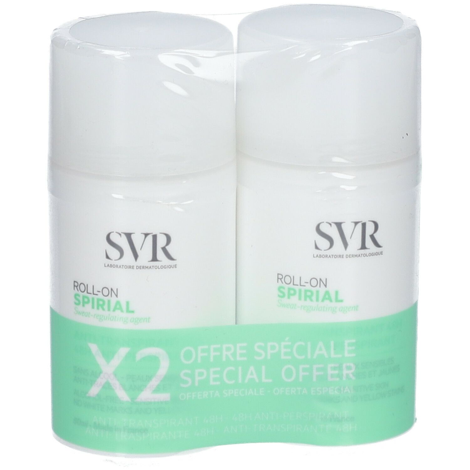 Deux déodorants roll-on sous film plastique. Inscription: SVR, Roll-On Spirial, X2, Offre Spéciale.