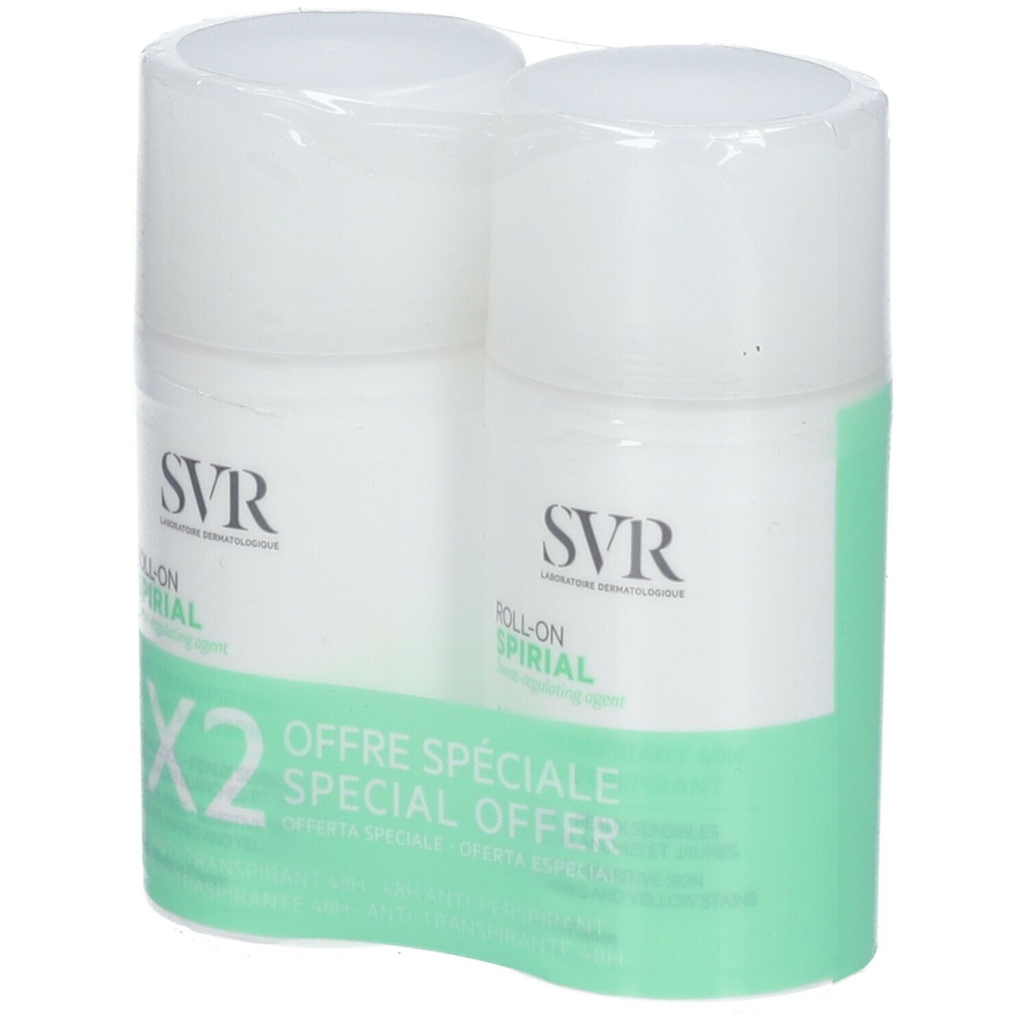 Deux déodorants roll-on sous film plastique. Inscription: SVR, Roll-On Spirial, X2, Offre Spéciale.