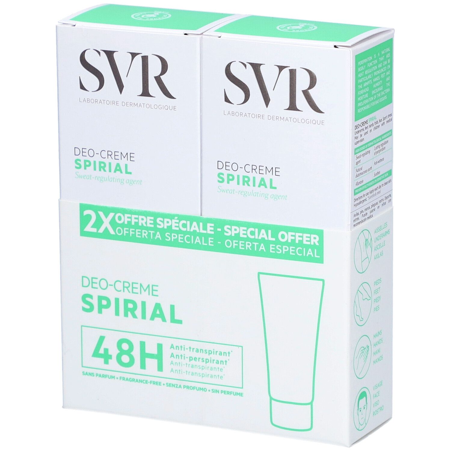 Twee verpakkingen SVR SPIRIAL Deo-Creme. Witte verpakking met groene accenten. Tekst: 2x Offre Spéciale. Bevat een tube.