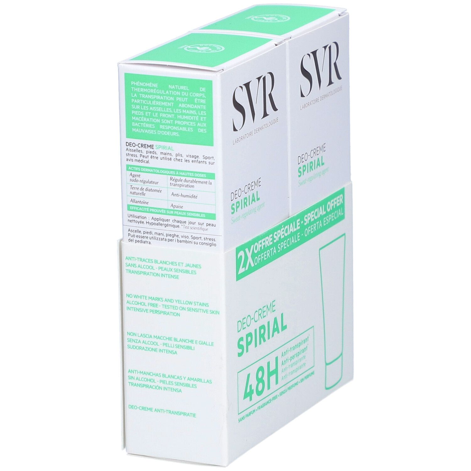 Twee verpakkingen SVR SPIRIAL Deo-Creme. Witte verpakking met groene accenten. Zijaanzicht met tekst en productafbeelding.