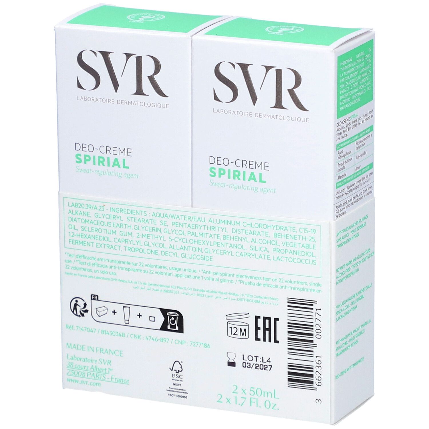 Twee verpakkingen SVR SPIRIAL Deo-Creme. Witte verpakking met groene accenten. Achterkant met ingrediënten en fabrikantinfo.