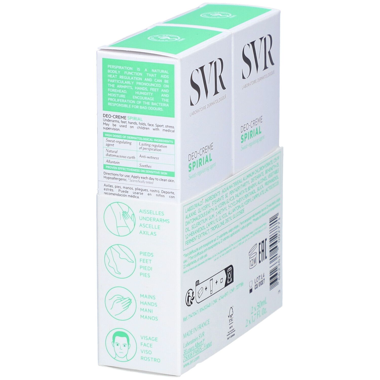 Twee verpakkingen SVR SPIRIAL Deo-Creme. Witte verpakking met groene accenten. Achterkant met gebruiksaanwijzing en pictogrammen.