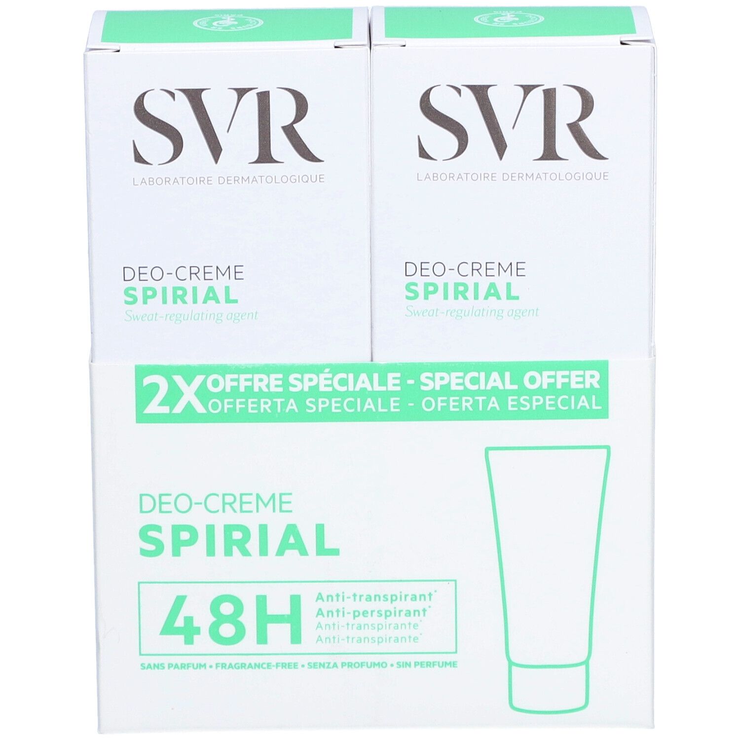 Twee verpakkingen SVR SPIRIAL Deo-Creme. Witte verpakking met groene accenten. Tekst: 2x Offre Spéciale. 48H Anti-transpirant.