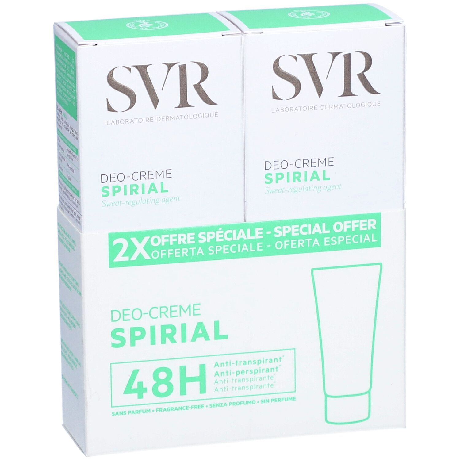 Twee verpakkingen SVR SPIRIAL Deo-Creme. Witte verpakking met groene accenten. Productnaam, merk en 48H-aanduiding duidelijk zichtbaar.