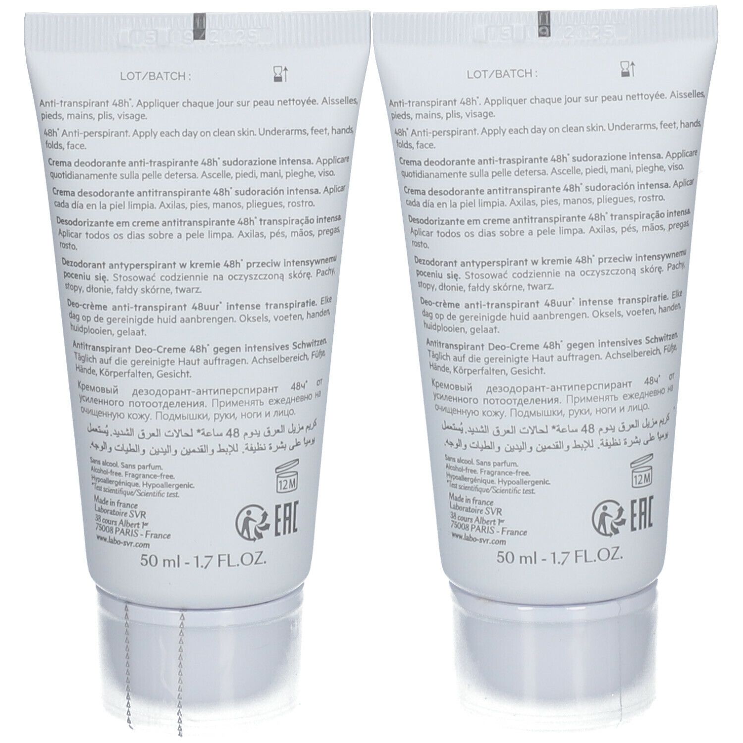 Dos de deux tubes. Texte multilingue: Anti-transpirant 48H. 50 ml - 1.7 FL.OZ. Fabriqué en France.