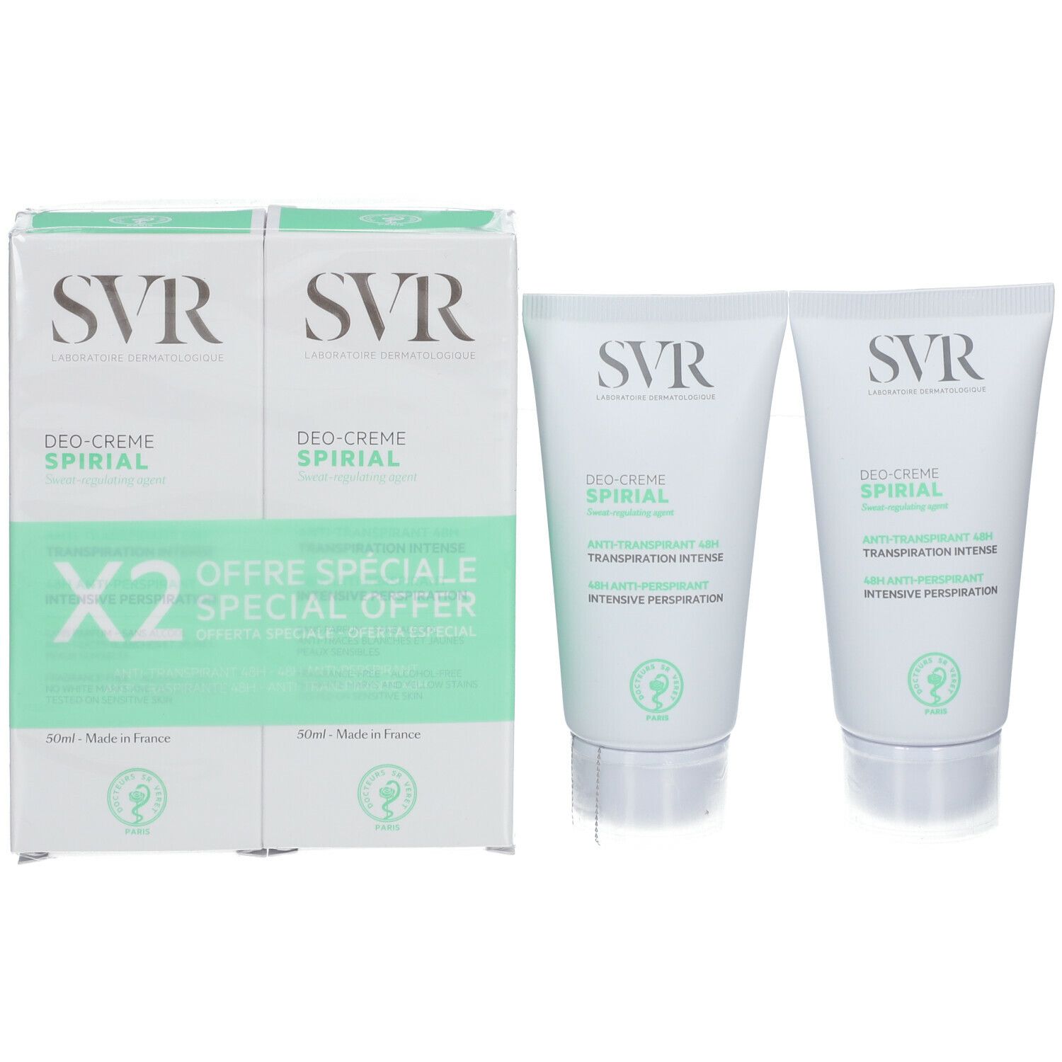 Deux tubes et un emballage avec logo SVR et texte: DEO-CREME SPIRIAL. X2. OFFRE SPÉCIALE. 30ml. Fabriqué en France.