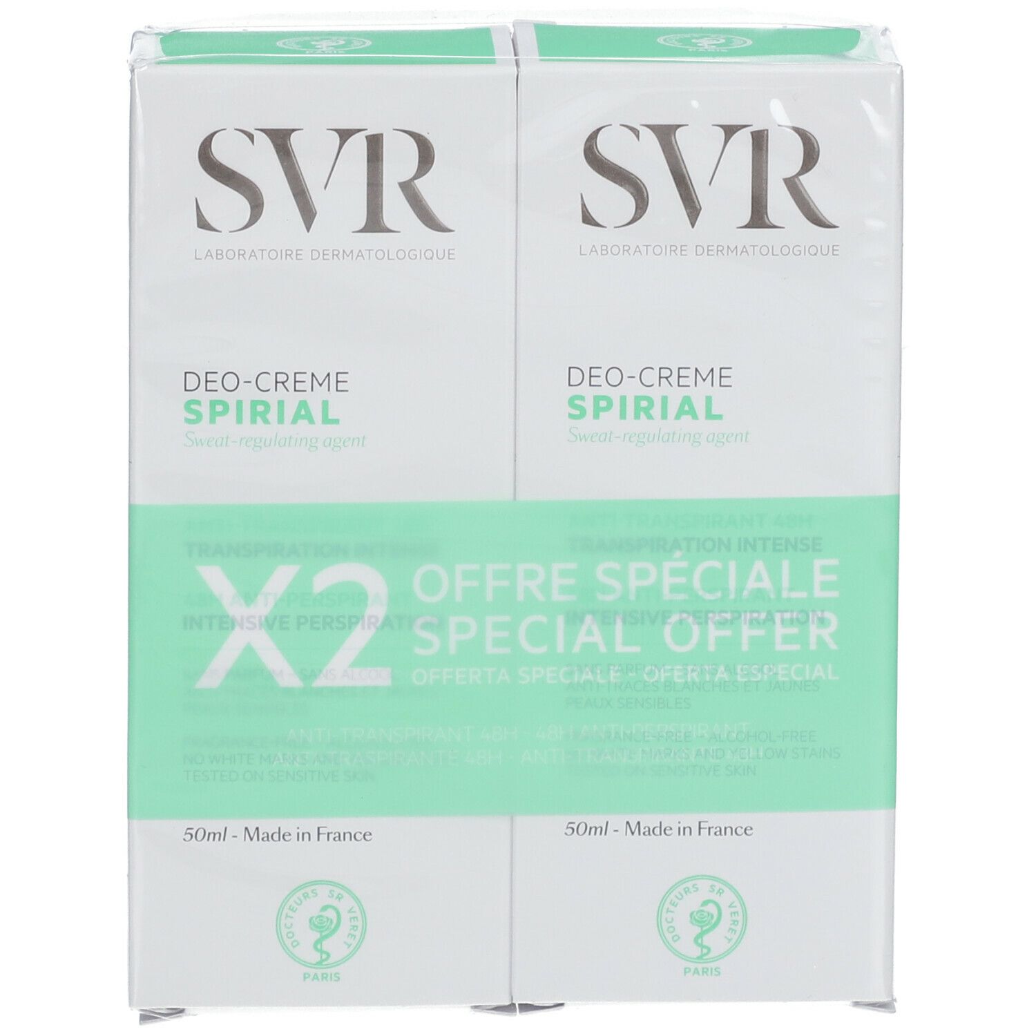 Deux emballages avec logo SVR et texte: DEO-CREME SPIRIAL. X2. OFFRE SPÉCIALE. 50ml. Fabriqué en France.