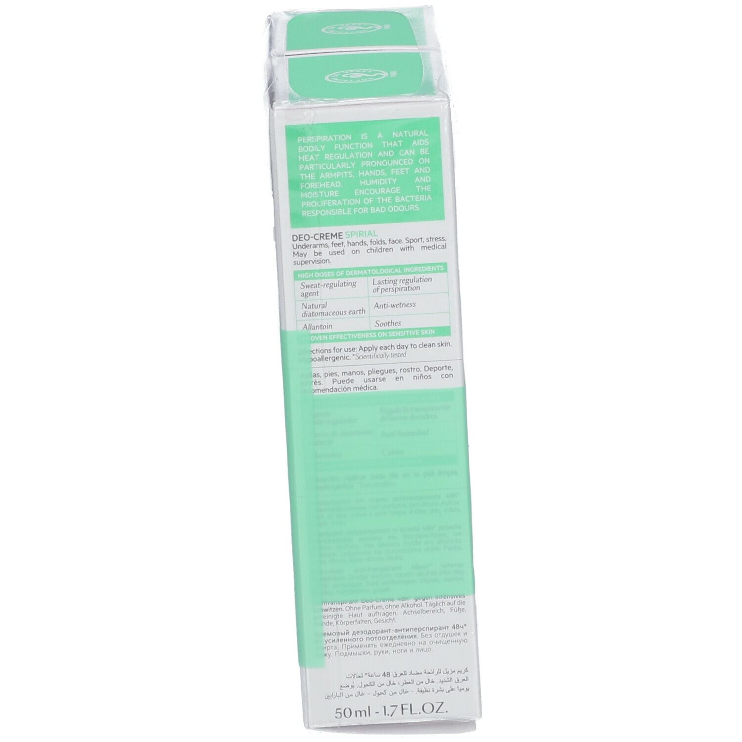 Dos d'un emballage avec texte: DEO-CREME SPIRIAL. 50ml - 1.7 FL.OZ. Fabriqué en France. Ingrédients.