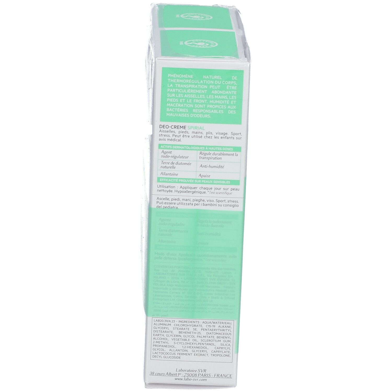 Dos d'un emballage avec texte: DEO-CREME SPIRIAL. 50ml - 1.7 FL.OZ. Fabriqué en France. Ingrédients.