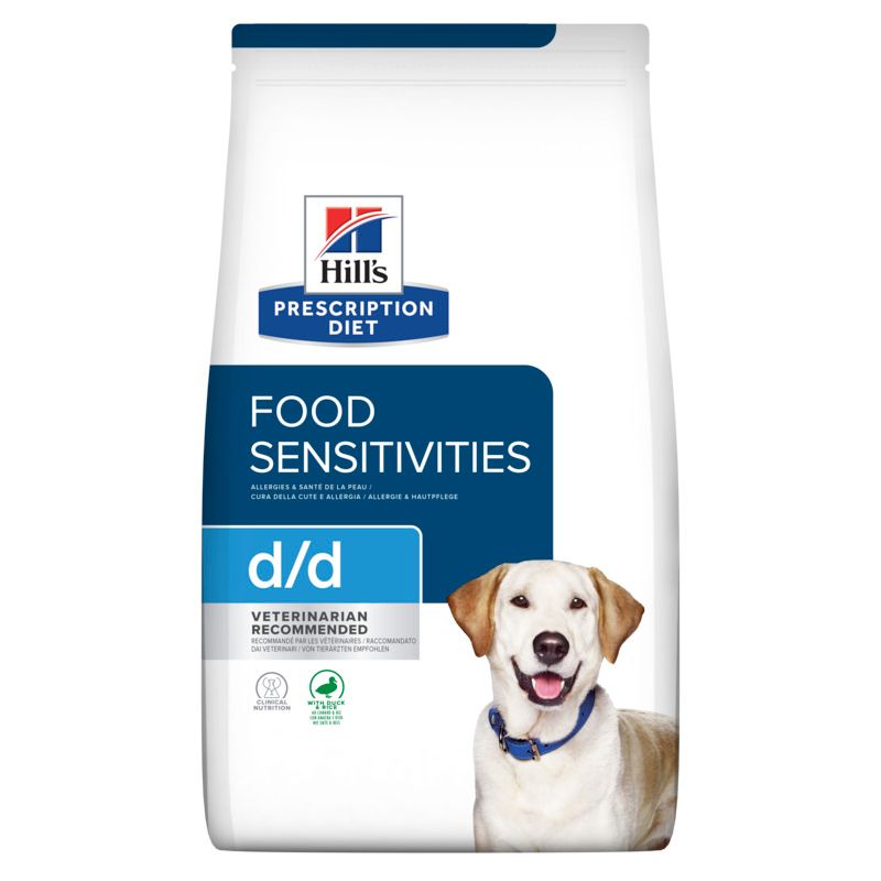 Hill's Prescription Diet d/d, witte zak. Logo, productnaam, hond en certificeringen zichtbaar.