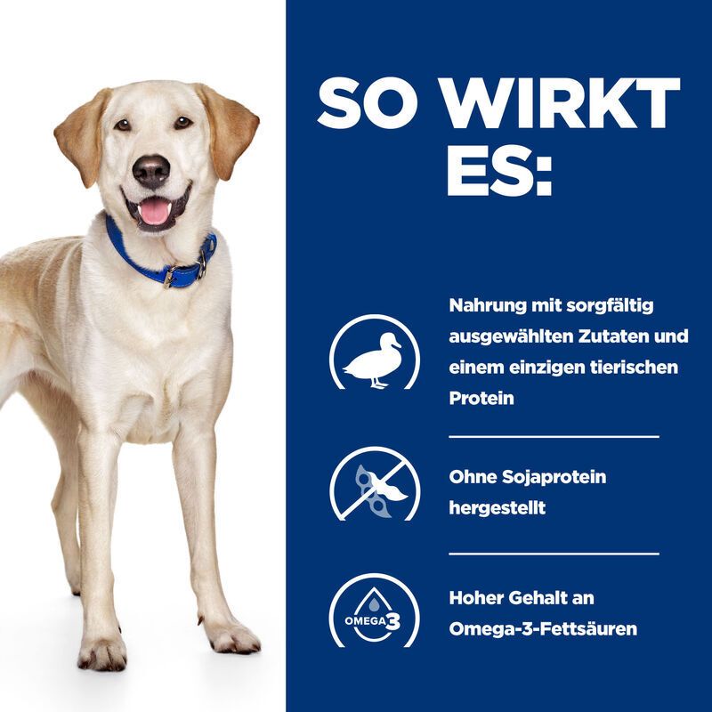Afbeelding met tekst: Zo werkt het. Pictogrammen: eend, zonder soja, omega-3. Hond.
