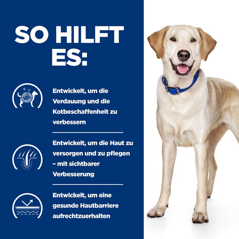 Afbeelding met tekst: Zo helpt het. Pictogrammen: spijsvertering, huid, huidbarrière. Hond.