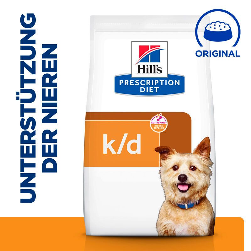 Hill's PRESCRIPTION DIET k/d Nierenpflege Chien. Sac de nourriture pour chien. Inscription : Soutien des reins, k/d. Chien.