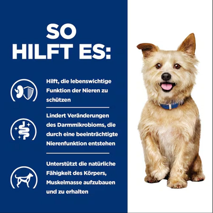 Hill's PRESCRIPTION DIET k/d Nierenpflege Chien. Texte avec icônes. Protéger la fonction rénale, le microbiome intestinal, la masse musculaire. Chien.