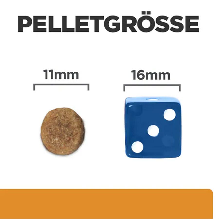 Hill's PRESCRIPTION DIET k/d Nierenpflege Chien. Taille des granulés : 11 mm et 16 mm. Dé à coudre bleu avec 3 points blancs.