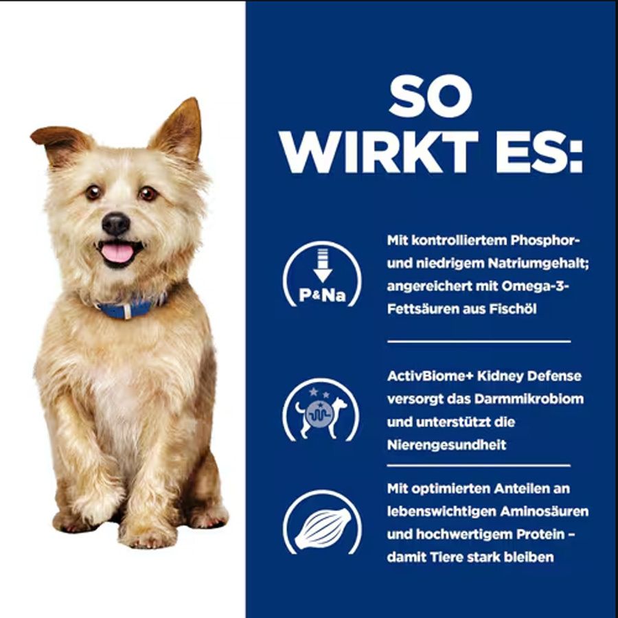 Hill's PRESCRIPTION DIET k/d Nierenpflege Chien. Texte avec icônes. Phosphore contrôlé, Oméga-3, ActivBiome+ Kidney Defense. Chien.