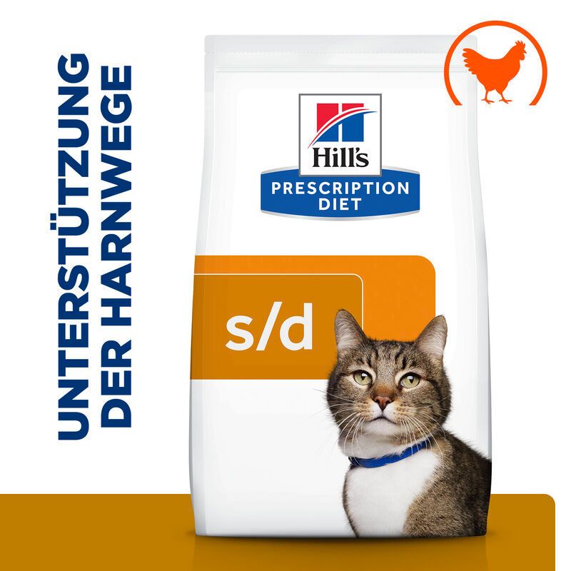 Hill's Prescription Diet s/d Katzenfutter mit Huhn. Weiße Verpackung mit Text: Unterstützung der Harnwege, Katze und Logo.