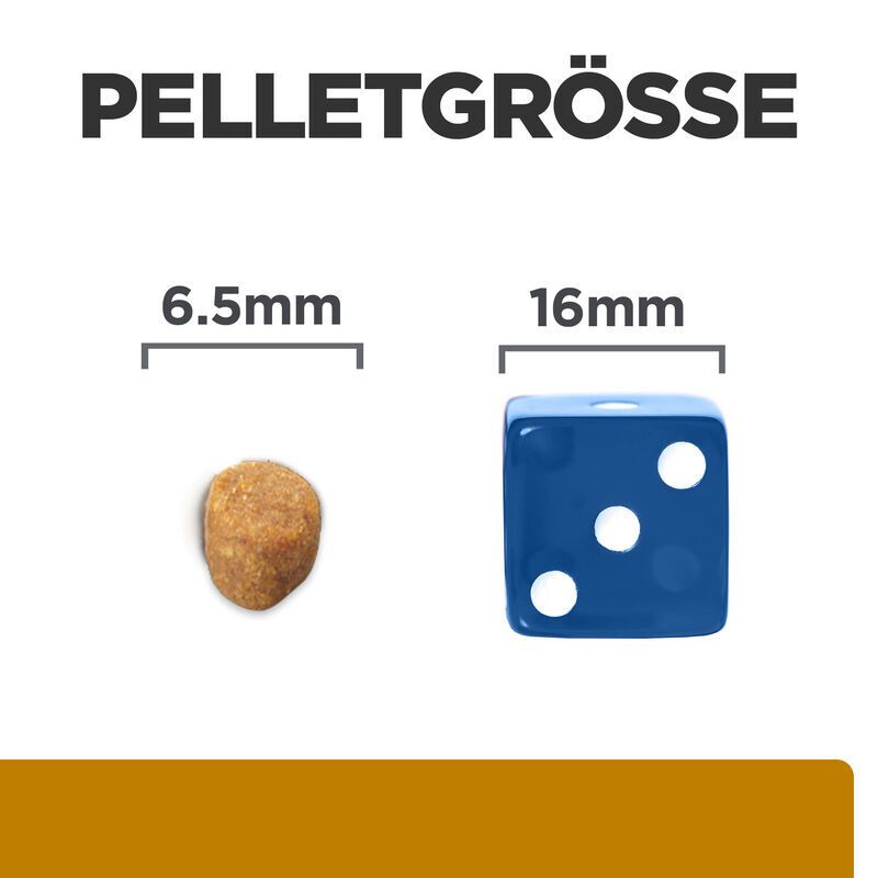 Grafik zeigt Pelletgröße. Links: 6,5 mm Pellet. Rechts: 16 mm Würfel.
