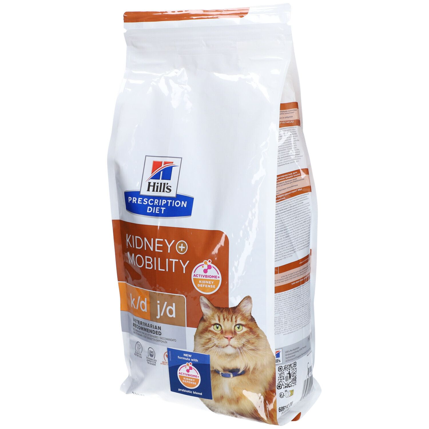Sac de nourriture pour chats. Inscription : Hill's Prescription Diet Kidney+Mobility k/d j/d. Une photo de chat est visible.