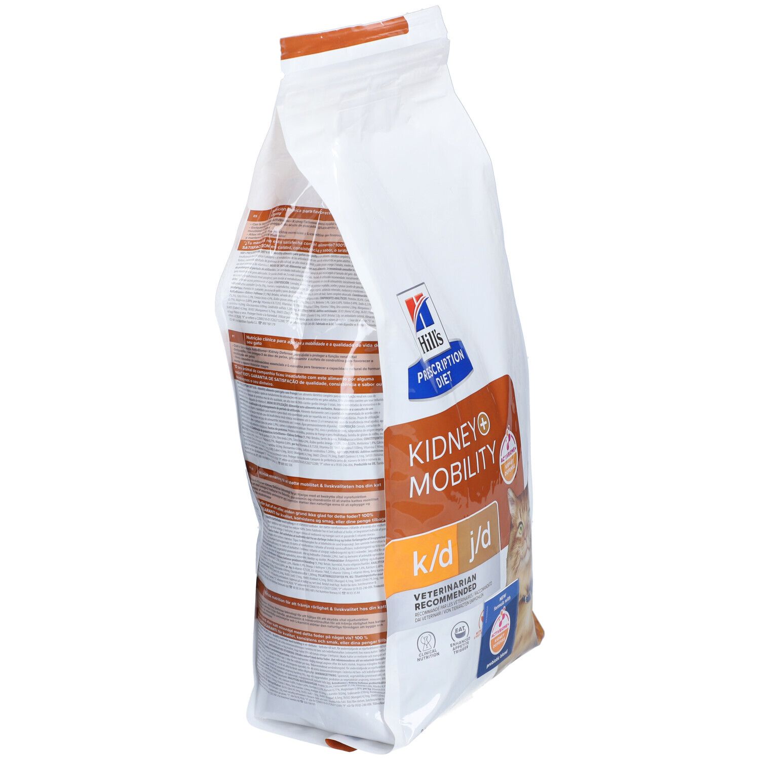 Sac de nourriture pour chats, en biais. Inscription : Hill's Prescription Diet Kidney+Mobility k/d j/d.