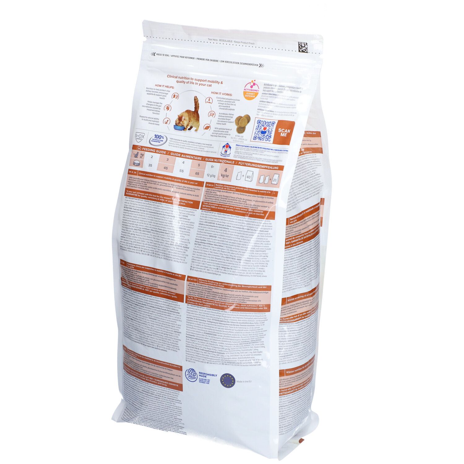 Dos d'un sac de nourriture pour chats. Inscription : Hill's Prescription Diet. Informations et illustrations.