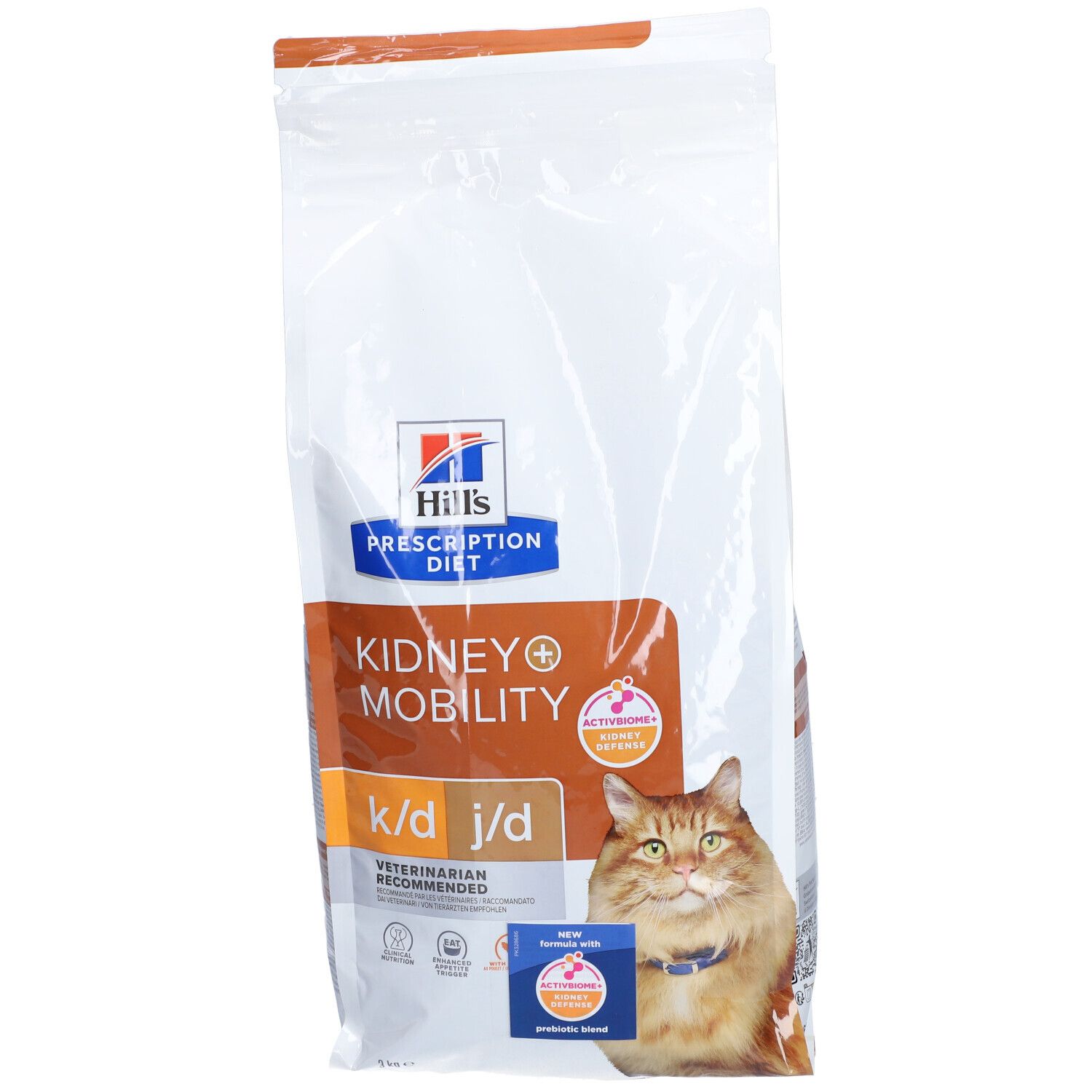 Sac de nourriture pour chats. Inscription : Hill's Prescription Diet Kidney+Mobility k/d j/d. Une photo de chat est visible.