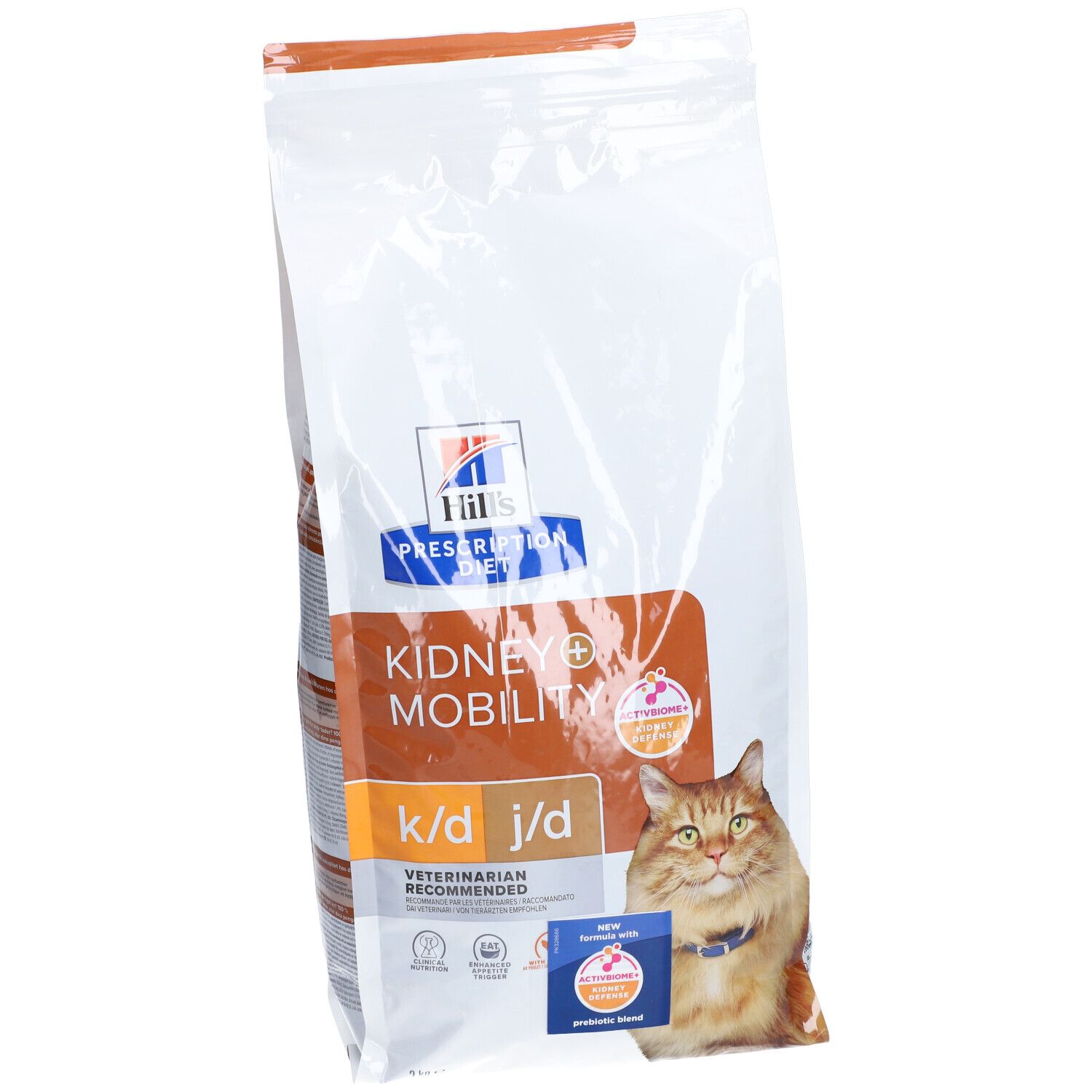Sac de nourriture pour chats. Inscription : Hill's Prescription Diet Kidney+Mobility k/d j/d. Une photo de chat est visible.