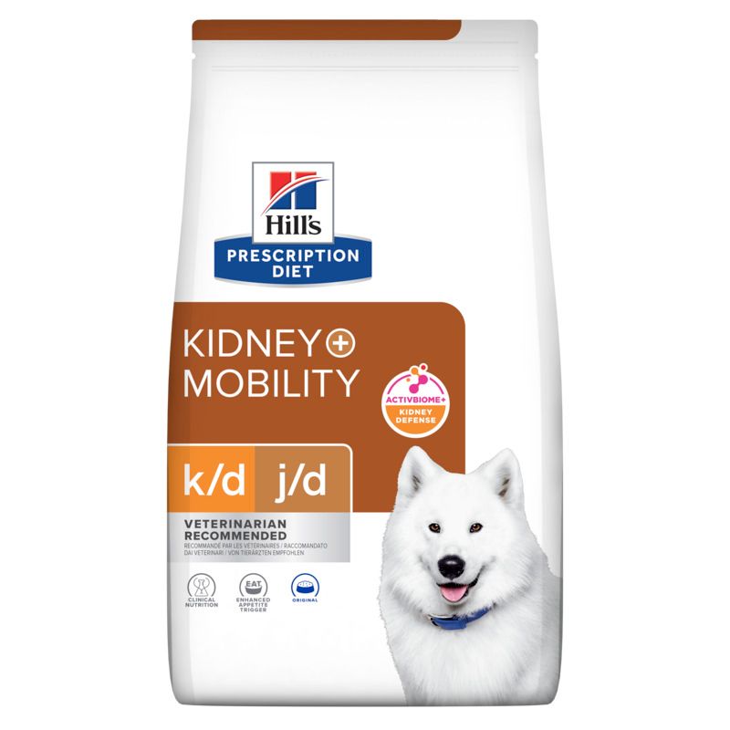 Hundefutterbeutel mit "Hill's Prescription Diet k/d + Mobility". Weißer Hund abgebildet. Braune und blaue Akzente.