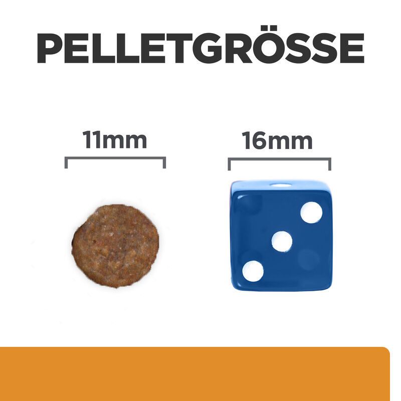 Vergleich der Pelletgrößen: 11mm und 16mm. Ein Pellet und ein blauer Würfel mit drei weißen Punkten.