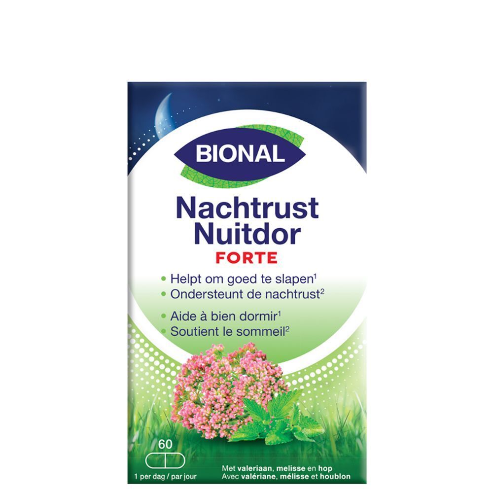 Boîte Bional Nachtrust Nuitdor Forte. 60 gélules. Logo et texte. Illustration florale. Aide à dormir.