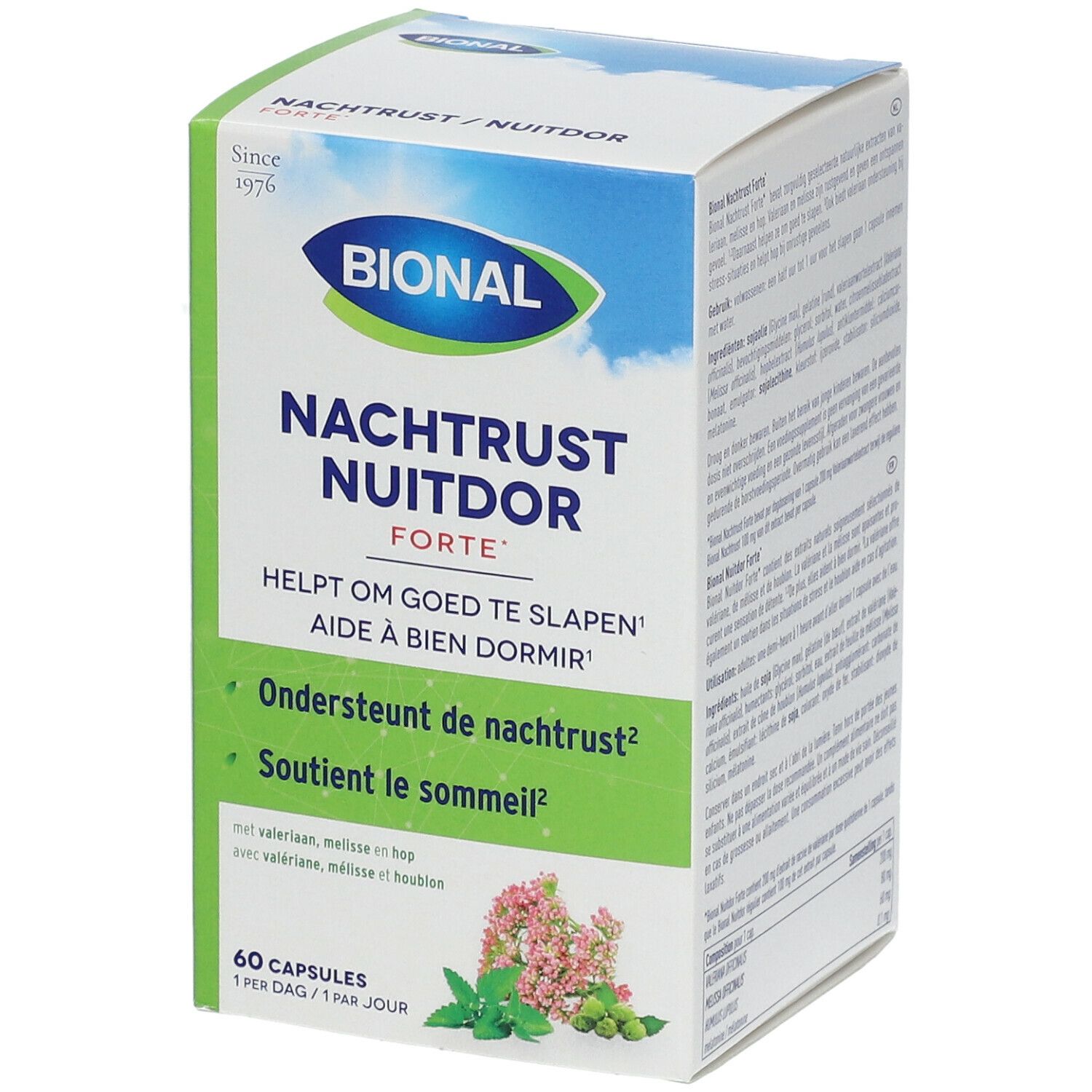 Boîte Bional Nachtrust Nuitdor Forte. 60 gélules. Texte en néerlandais et français. Logo et illustration florale. Aide à bien dormir.