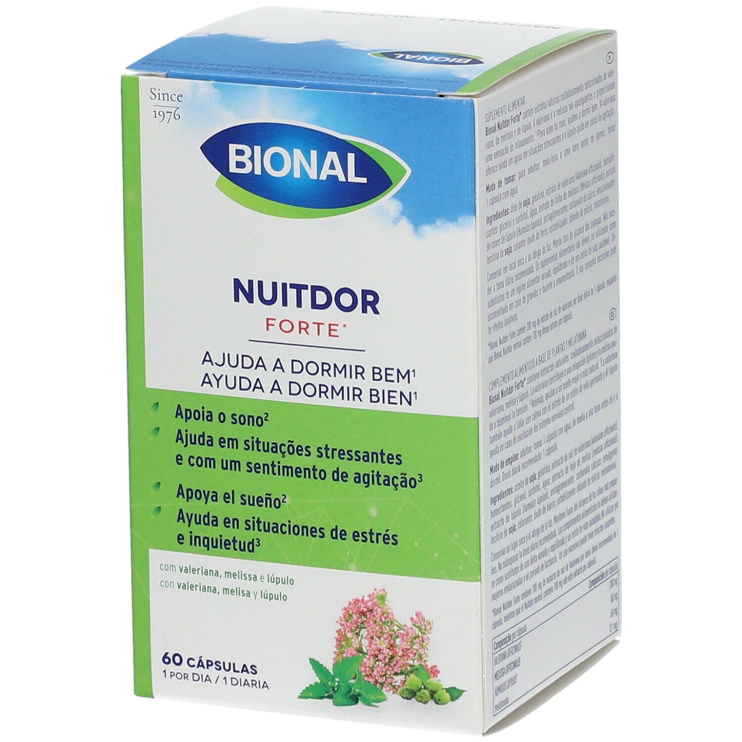 Boîte Bional Nachtrust Nuitdor Forte. Texte en espagnol et portugais. 60 gélules. Logo et illustration florale. Aide à dormir.